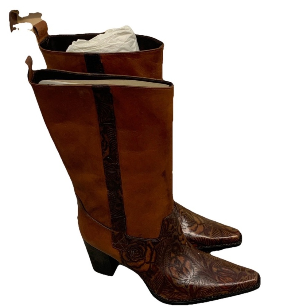 Vintage Antonio Melani Engraved Faux Leather Western Boots Brown 8.5 New